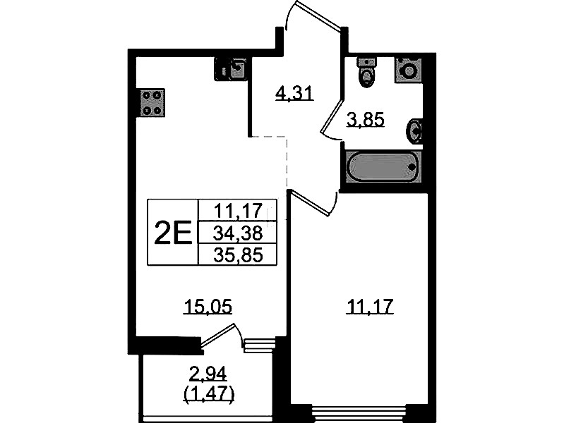1-комнатная квартира 35.85 м², 13/15 эт., ЖК «GloraX Парголово»